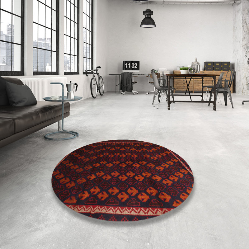 Tapis traditionnel rouge / orange / noir, Rond 8 pi