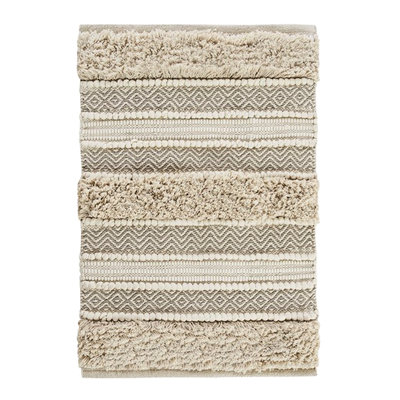 Bath Rug 22X58" - Woven Stripe Design Natural Shade Non-Slip Base Machine Washable Bathroom Runner Mat Tone Heavy Shaggy Slip Backing Cleanable