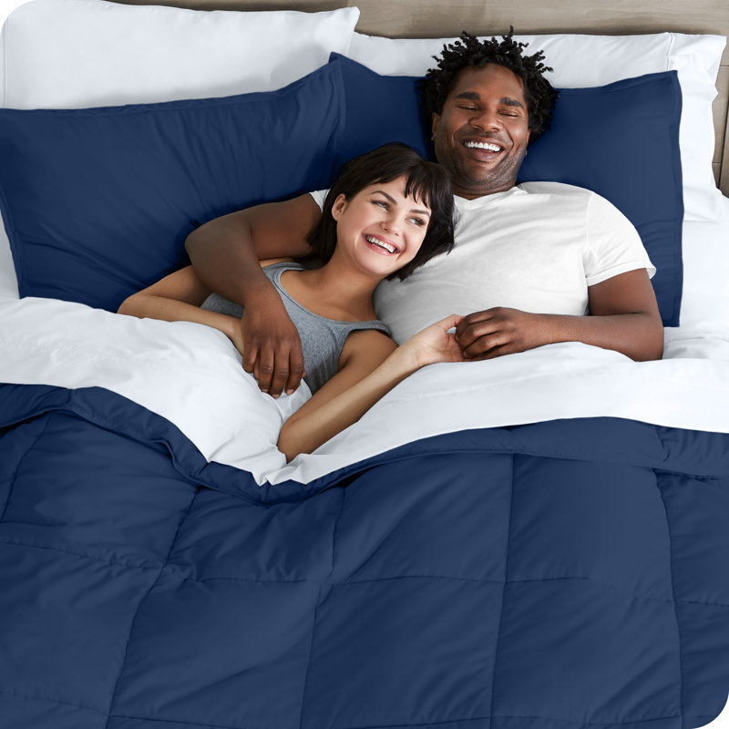 Microfiber Bed-In-A-Bag, Dark Blue/White, Queen Comforter + 6 Additional Pieces