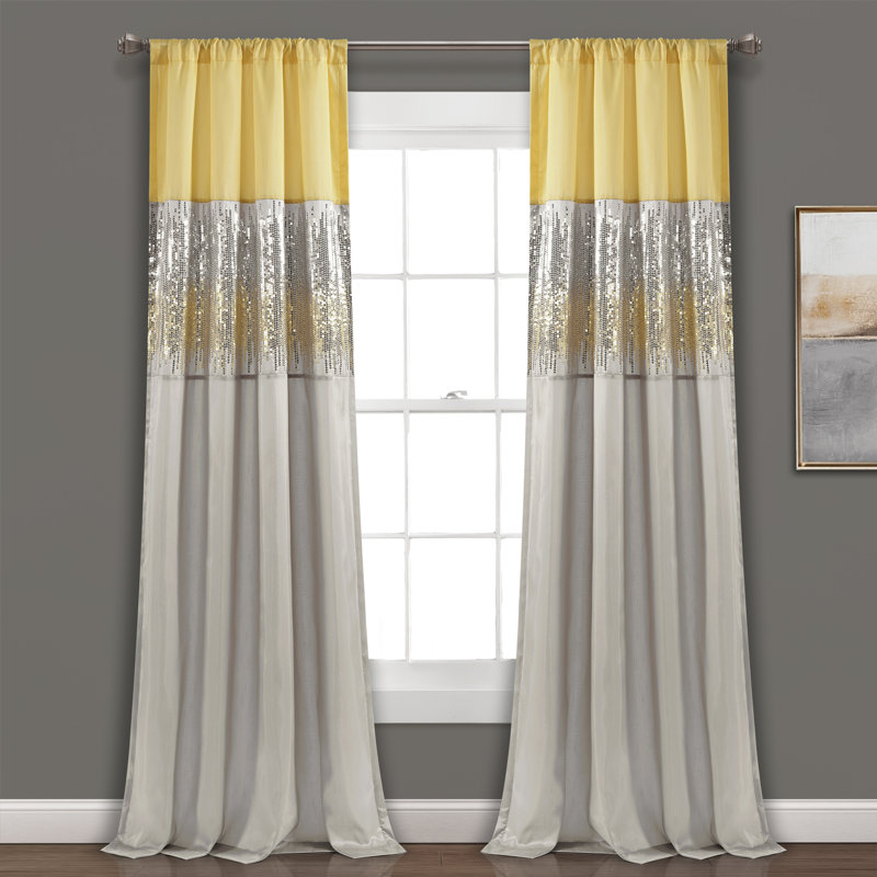 Semi Sheer Curtain Single Panel, 107cm W x 213cm L, Yellow/Grey
