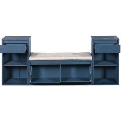 All-in-One Entryway Storage Bench with Cushion, Compartments, Drawers & Open Shelves, Storage Bench for Hallway, Mudroom, Living Room(Antique Navy)