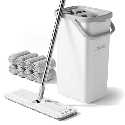 JOYMOOP Flat Squeeze Mop and Bucket Set, with 50" Mop Handle and 8 Grey Mricrofiber Pads