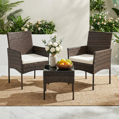 3-Piece Patio Furniture Set, Wicker Outdoor PE Rattan Furniture with Coffee Table & Washable Cushion, Compact Bistro Conversation Seating for Balcony, Garden, Poolside