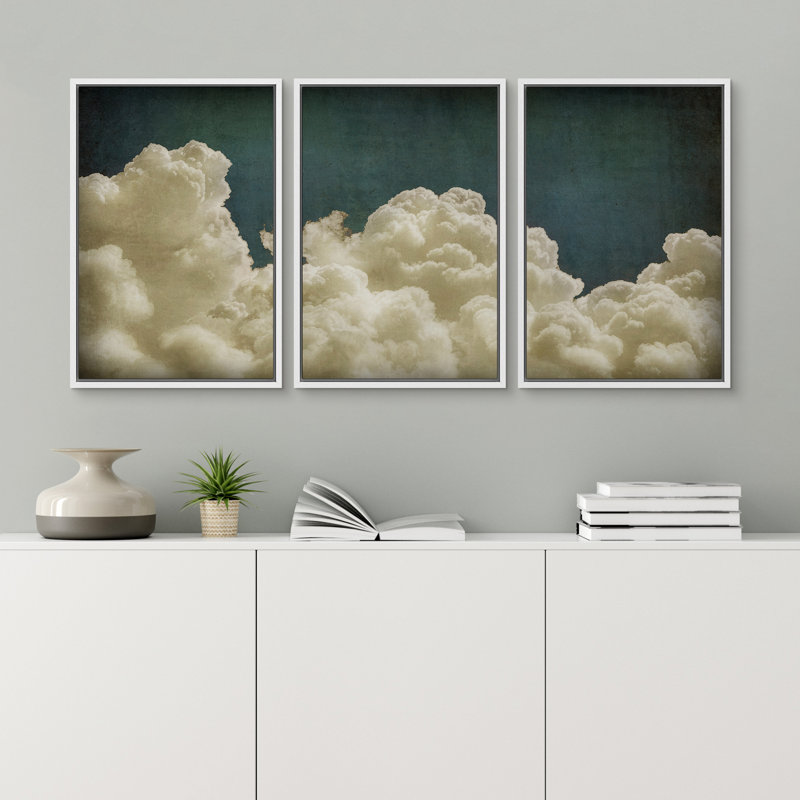 Vert, bleu marine, nuages pastel, paysages abstraits, décorations murales minimalistes rétro Moody 3, 3 pièces, Blanc