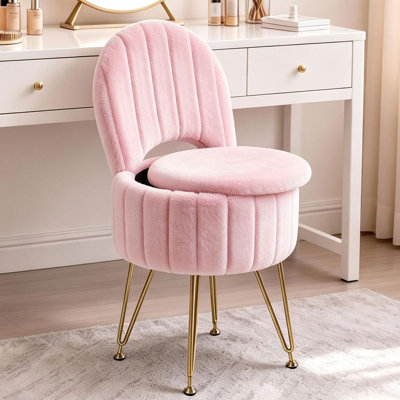 Round Vanity Storage Ottoman Stool with Collapsible Backrest - Soft Faux Fur Upholstery, Gold Metal Legs, Space-Saving Seat for Bedroom or Living Room - Pink, Small