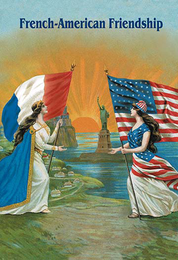 « french american amitié », affiche rétro, H 30 po x l 20 po