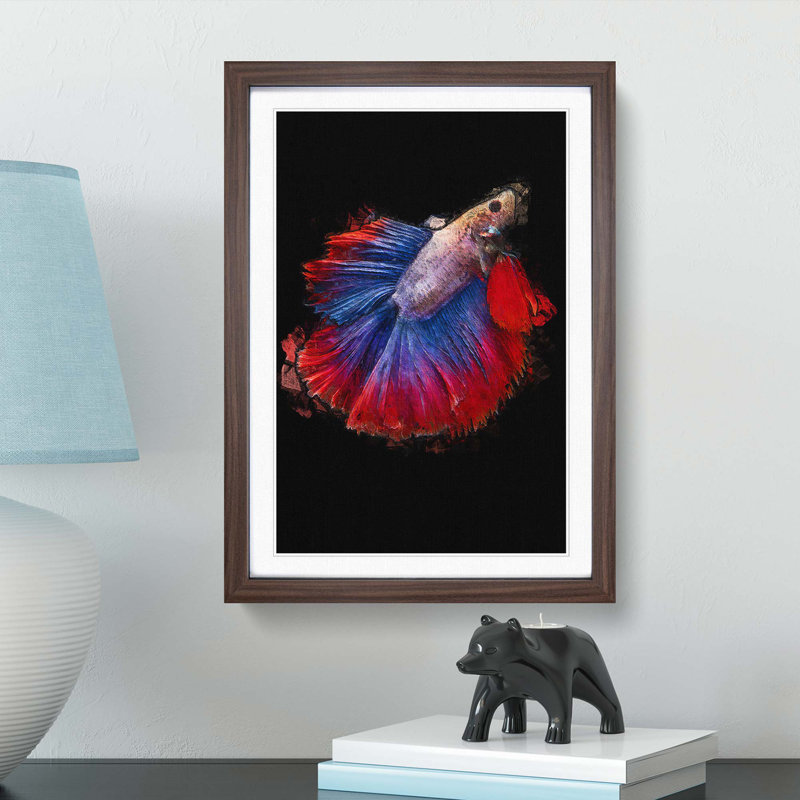 Siamese Fighting Fish in Abstract - Picture Frame Painting Print, 48cm H x 36cm W x 2cm D, Walnut Framed