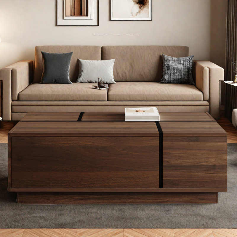 Rectangular Sliding Top Coffee Table With 2 Drawers And 2 Hidden Storage Compartments