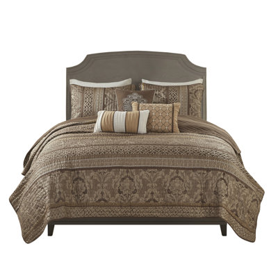 6 Piece Brown/gold Bedding - Full/queen , Leaf Motifs, Stitching, Machine Washable Gold Accents,