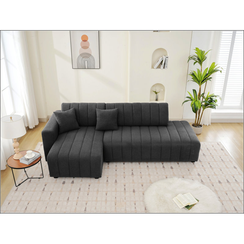Canapé d'angle capitonné en forme de L avec coussins décoratifs, Orienté à gauche (vu de face), Laine gris foncé