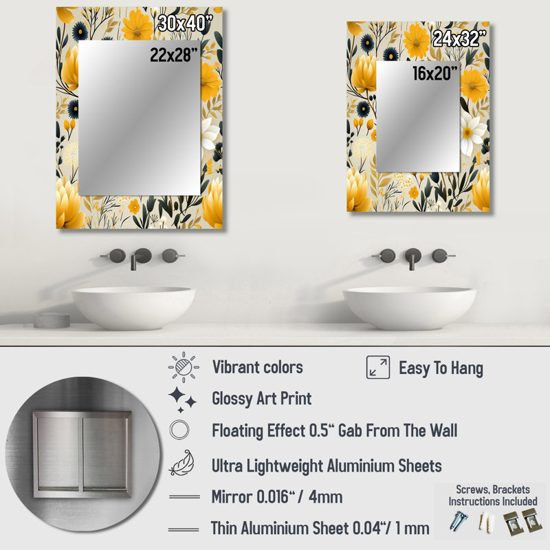 Demare, motif floral rétro botanique, miroir mural décoratif botanique, 40 po x 30 po