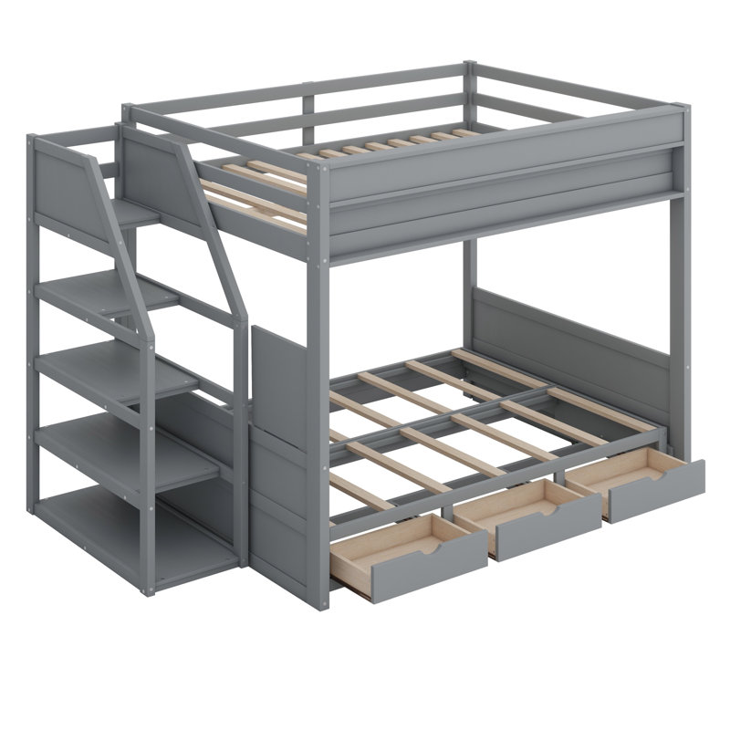 Lit superposé convertible en bois avec escalier de rangement, table de chevet et 3 tiroirs, gris