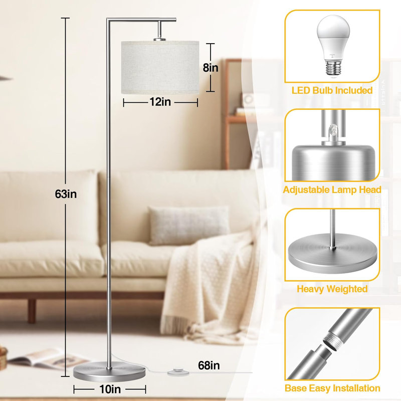 Floor Lamp For Living Room With 3 Color Temperatures Standing Lamp With Adjustable Beige Linen Lampshade Tall Lamps For Bedroom Office Classroom Dorm Room, 9W LED Bulb Included