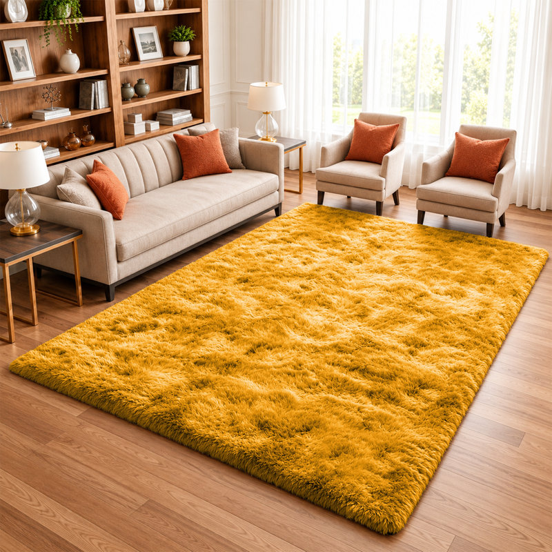 Machine Tufted High Pile Shag Area Rug(Ultra Soft & Fluffy), Ochre, Rectangle 160 x 230 cm