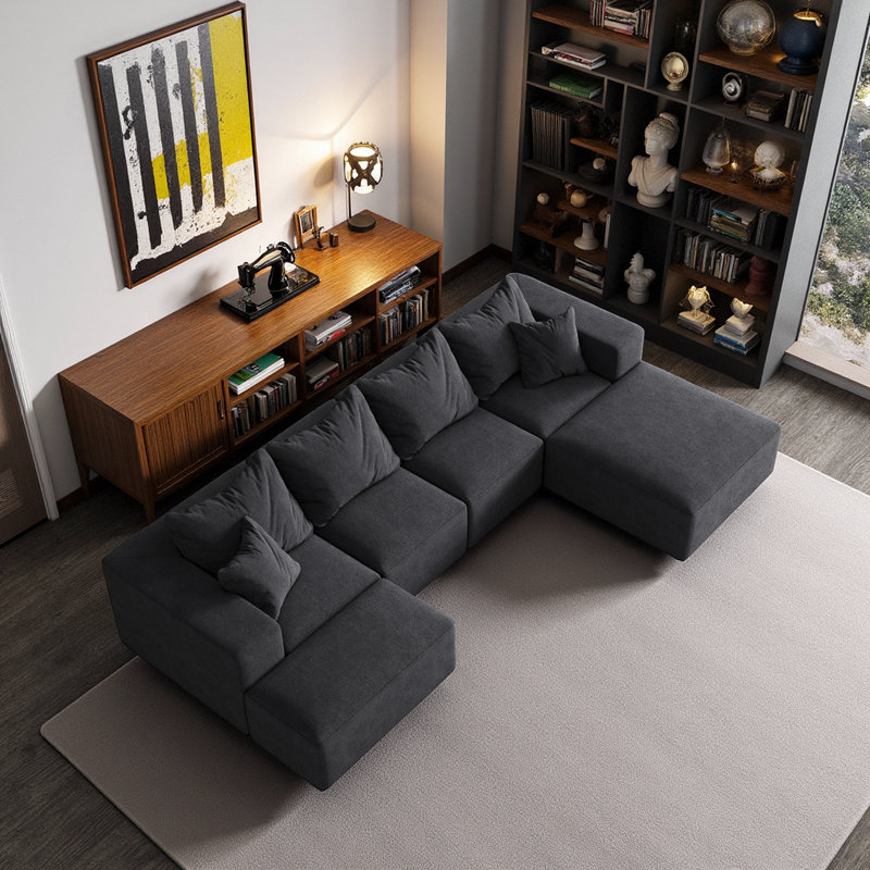 Ensemble de canapé modulaire rembourré de style moderne sans dossier, avec canapé modulaire de L de 132 po et 6 coussins, canapé-lit combiné gratuit pour le salon, la chambre à coucher