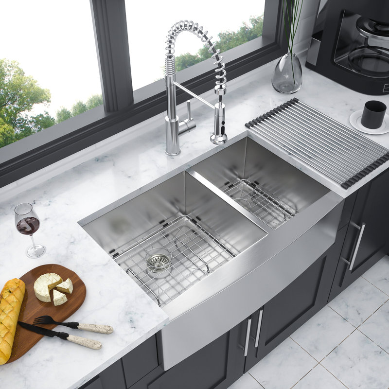 Double Bowl Farmhouse Sink- Stainless Steel Apron Front Kitchen Sink 16 Gauge With Two 9" Deep Basin