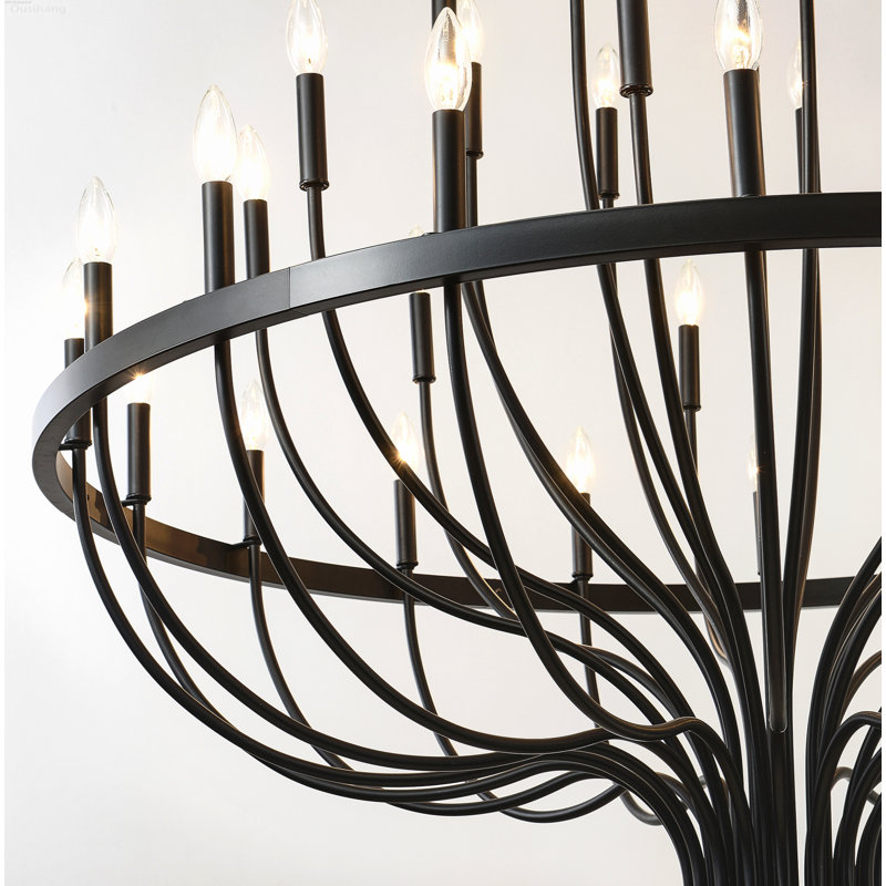 Grand luminaire suspendu industriel à 36 lumières de style chandelier campagnard à plusieurs niveaux - noir mat, Noir mat