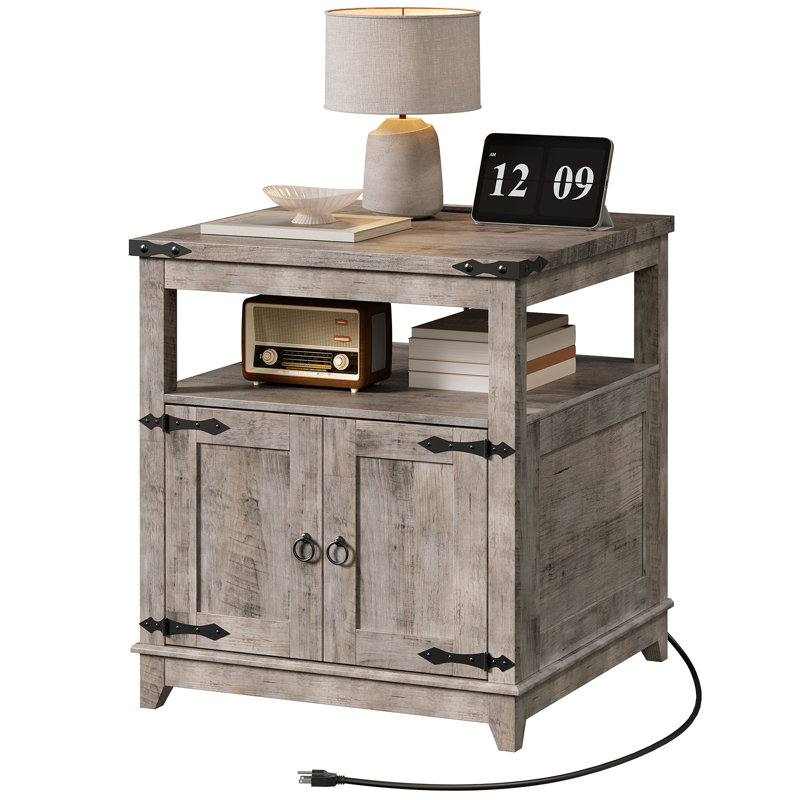 Table de bout Farmhouse avec station de charge, armoire à 2 portes et tablette ouverte, Grège