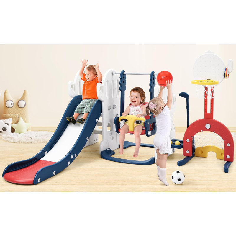 7-in-1 Toddler Slide & Swing Set with Adjustable Swing, Basketball Hoop & Golf Game, Blue/White/Red