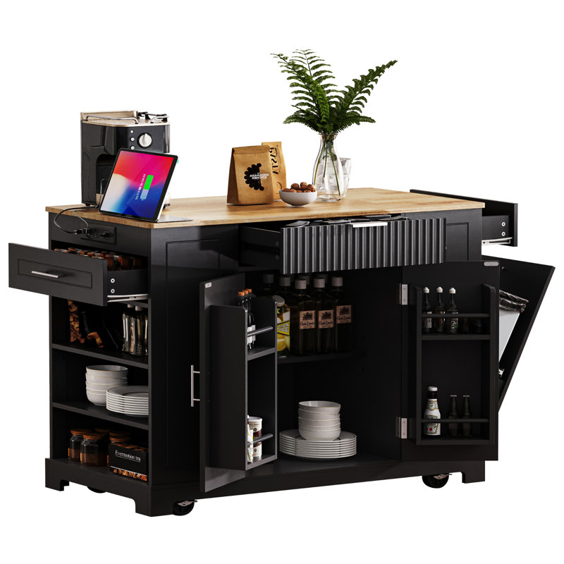 Fluted Kitchen Island with Trash Can Storage Cabinet, Power Outlet, Internal Storage Rack, Rolling Kitchen Islands on 5 Wheels with 3 Drawer, 3 Open Side Racks for 10 Gallon Garbage Bin, Black