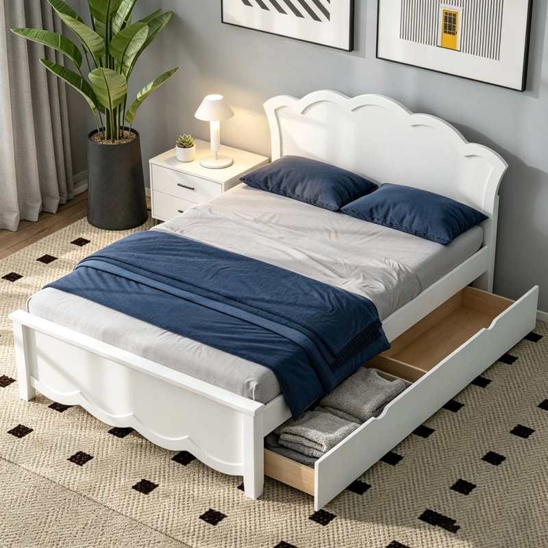 Twin Size Wood Platform Bed with Scalloped Headboard & 2 Underbed Storage Drawers, White Solid Wood Bed Frame, No Box Spring Needed, 400lbs Capacity for Kids/Adults
