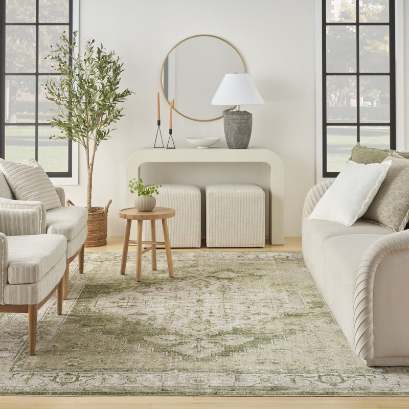 Haydel Oriental Machine Washable Power Loom Polyester Area Rug in Ivory/Green, Rectangle 6'7" x 9'