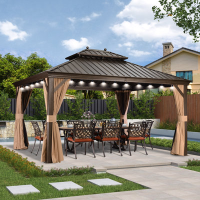 Pavillon de jardin pourpre avec toit rigide 12 pi x 14 pi avec filet et rideaux