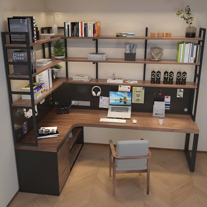 Bureau en L en bois massif intégré avec bibliothèque et bibliothèque, H 82,68 po x l 94,49 po x P 39,37 po