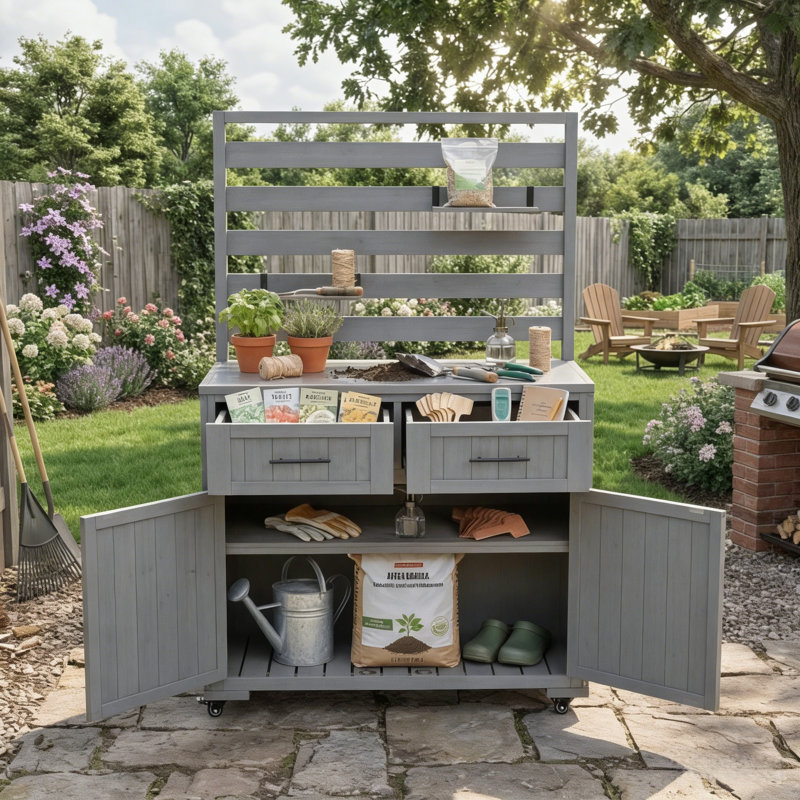 Îlot de cuisine 65 po avec plateau en acier inoxydable, table de préparation pour barbecue en bois massif et banc de rempotage avec 2 tiroirs 65 po