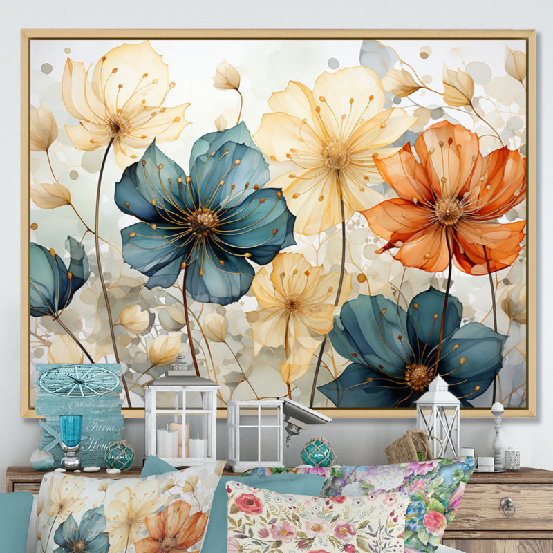 «Teal Orange Petal Mosaics I», art mural abstrait botanique pour le salon, H 24 po x l 32 po, Érable