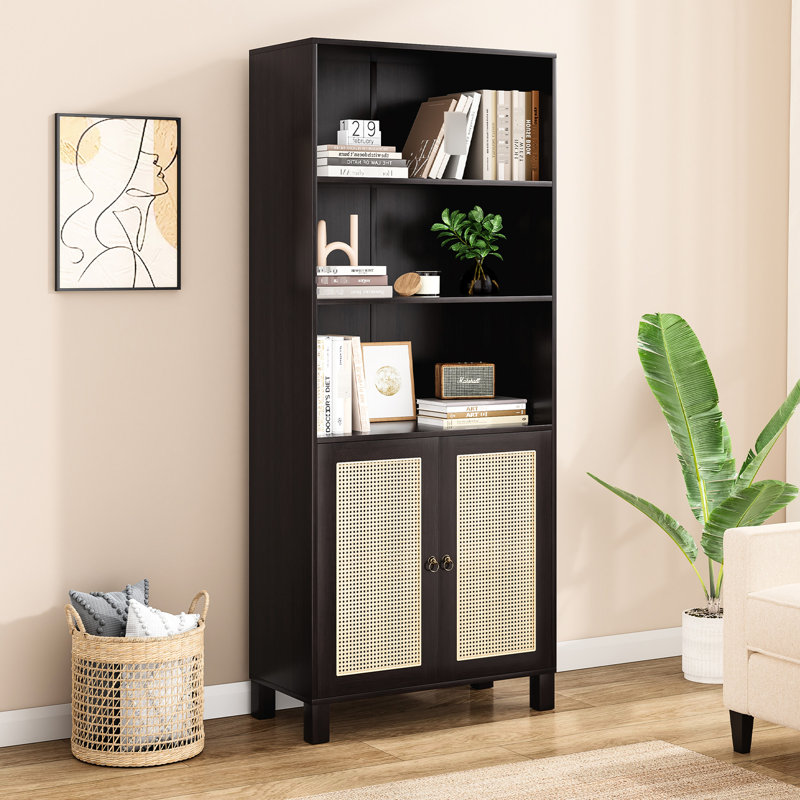 Bibliothèque à 5 niveaux en noyer pour la cuisine et la présentation de photos au bureau avec portes exposant des objets décoratifs
