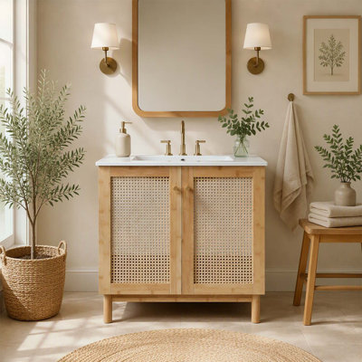 Meuble-lavabo en bambou naturel de 30 po avec portes en rotin faites à la main et mécanismes de fermeture en douceur