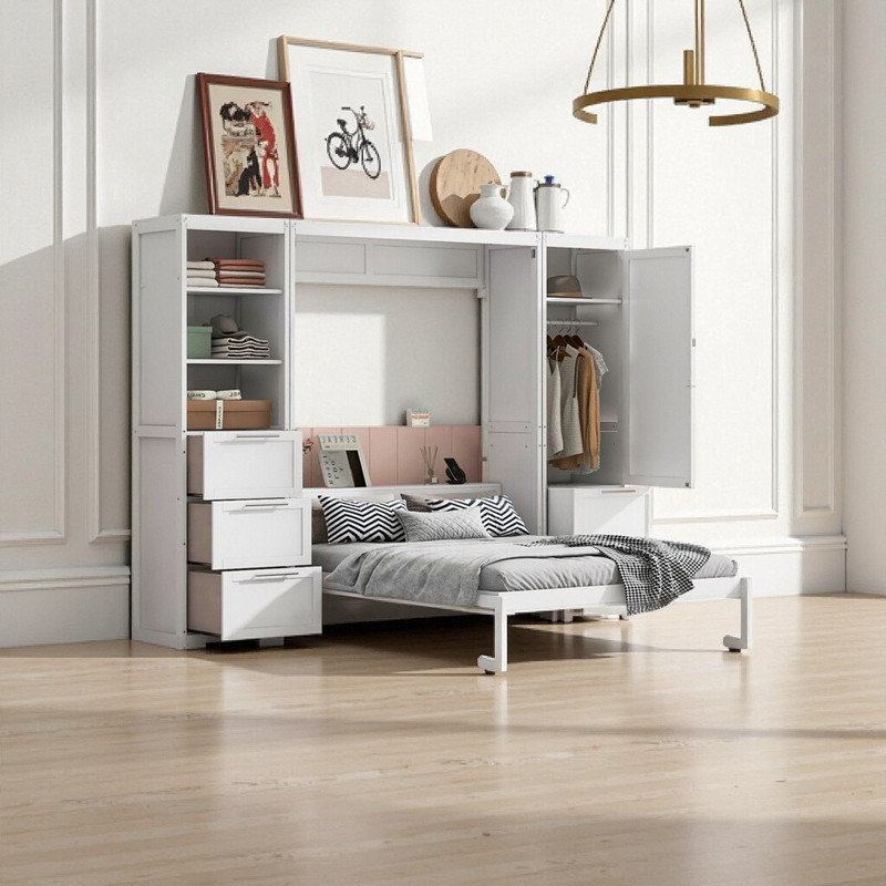 Queen Size Murphy Bed Wall Unit With Integrated Closet Storage Drawers And Shelves – Space-Saving Furniture Solution