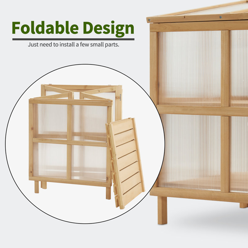 Natural Fir Wood 2-Tier Foldable Greenhouse with Polycarbonate Panels