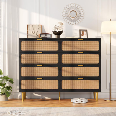 Commode à 8 tiroirs en rotin pour chambre à coucher, commode à tiroirs profonds, grande commode pour garde-robe à dessus large, commode longue en bois pour le salon, couloir, noir et chêne naturel (2 colis)