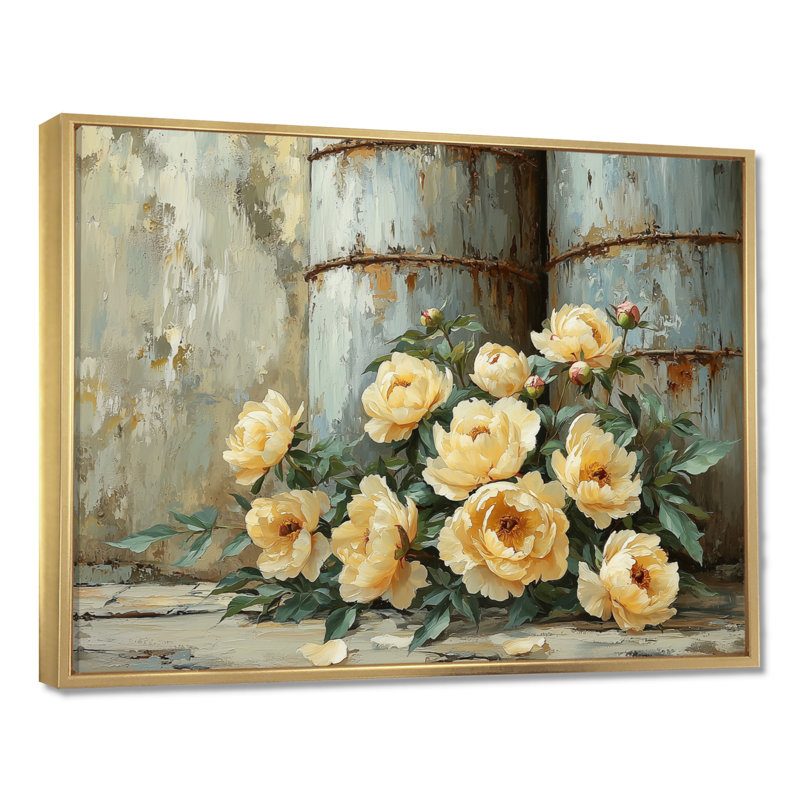 Ferme, pivoines par le grain de silo II - pivoines, art mural, H 12 po x l 20 po, Impression encadrée flottante, Doré