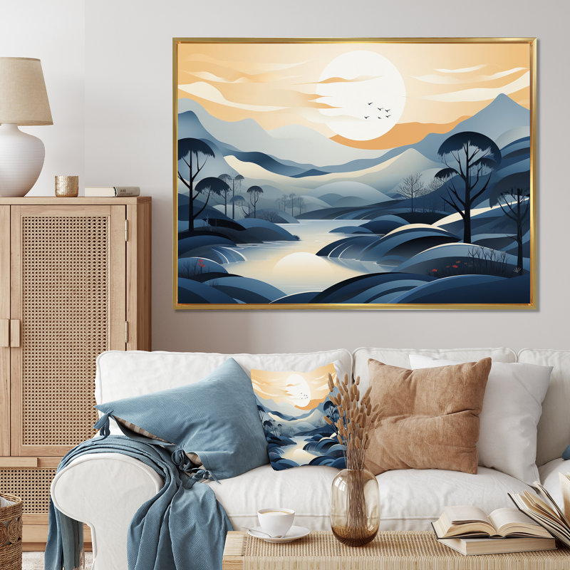 Paysage bleu-gris, H 24 po x l 32 po x P 1 po, Cadre flottant doré