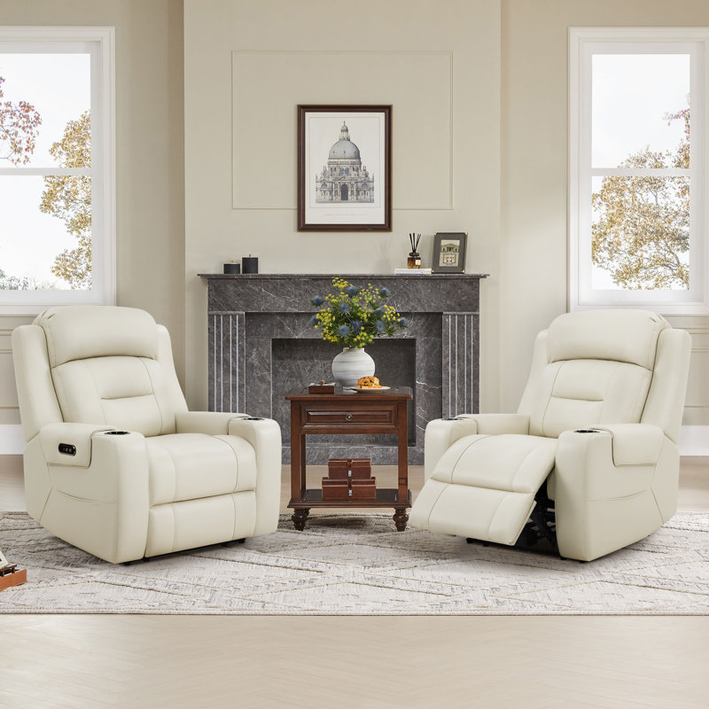 Olathe Genuine Leather Dual Motor Lay Flat Power Recliner With Power Headrest, Cream