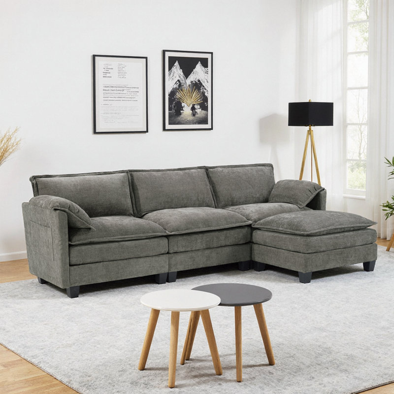 Canapé modulaire en velours côtelé beige avec rangement en forme de L 107 po Cloud-Like, Turquoise, bouledogue français