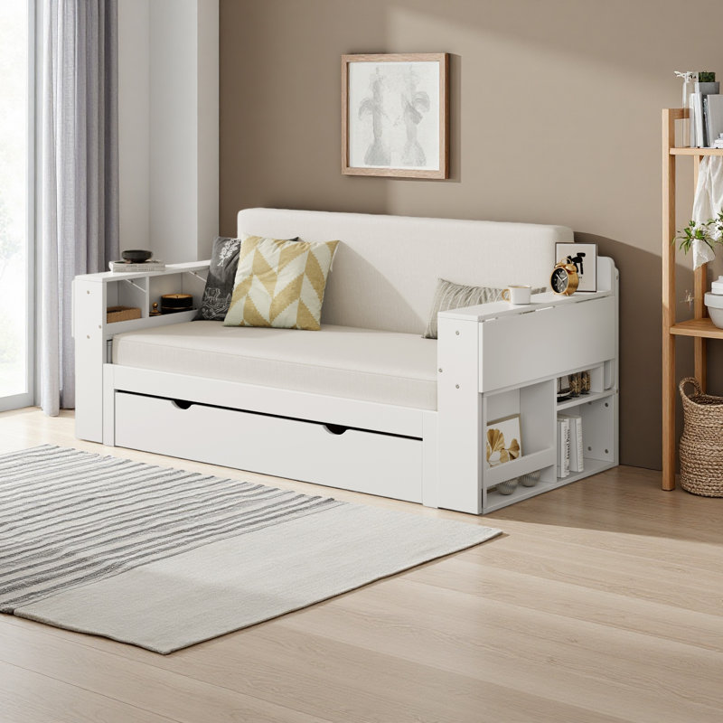 Lit de jour avec bureau amovible, tiroirs de rangement et table d'appoint hydraulique, Lit double, Blanc