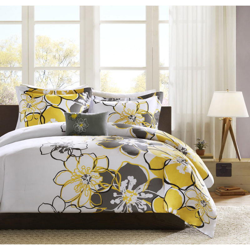 Ensemble d'édredon avec coussin décoratif Allison, Édredon double / grand + 2 taies décoratives + c, Jaune / gris / noir