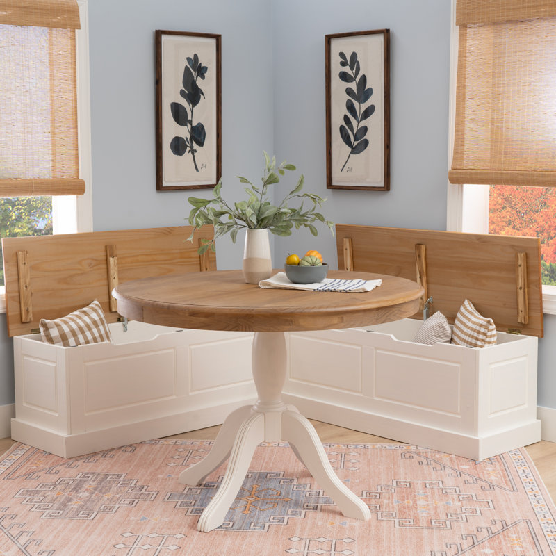 Selby 2- Piece Wood Storage Nook Dining Set With Round Table, White/Brown