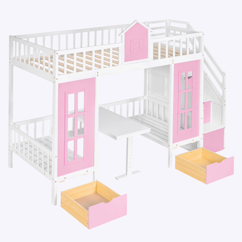 Lit superposé simple au dessus d'un lit simple avec table à langer, lit superposé se transformant en lit supérieur et bureau en duvet avec 2 tiroirs