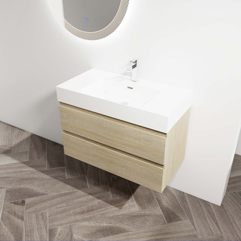 Meuble-lavabo mural avec lavabo en résine, Chêne clair