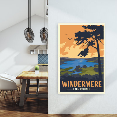 Windermere Lake District Sunset Abstract Contemporary Bird Landscape Tree Wall Art Print by Retrodrome - Wrapped Canvas Print