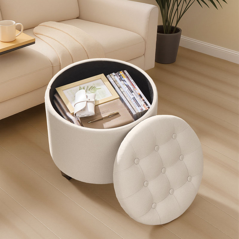 Round Ottoman, Ottoman With Storage, Foot Rest With Legs, Linen-Look Fabric, For Living Room, Bedroom, White