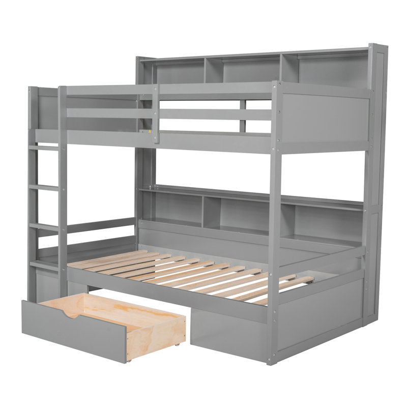 Lit superposé avec tablettes intégrées à côté des lits supérieur et inférieur et tiroir de rangement, Gris