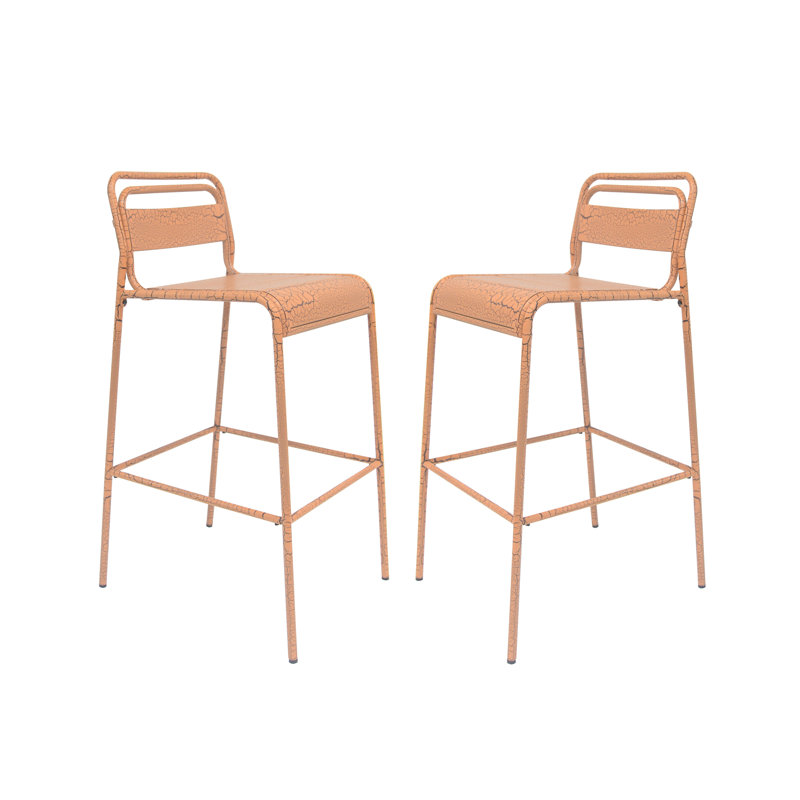 2 tabourets de bar d'extérieur en fer, finition craquelée mate, orange, assise confortable, 2 tabourets en fer, lambris moderne pour