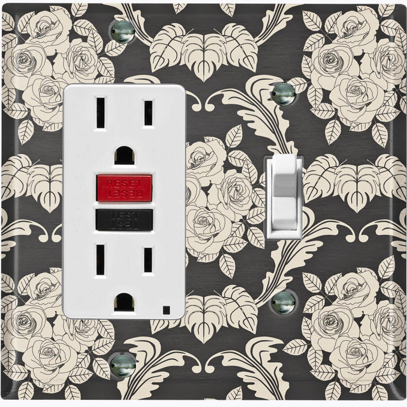 Metal Light Switch Plate Outlet Cover (Damask Rose Black - (L) Single GFI / (R) Single Toggle), Black