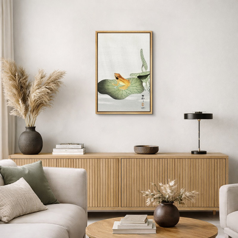 Illustration de grenouille japonaise sur feuille de lotus, images d'animaux minimalistes, impression sur toile encadrée